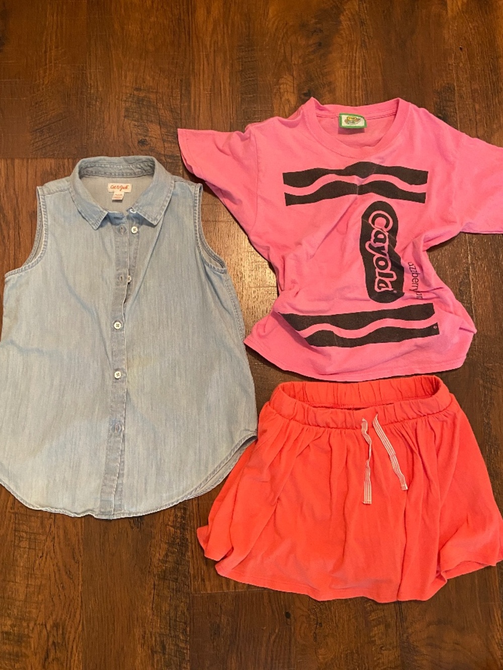 Cat & Jack blouse. Sz 7-8 y o Skirt 10-12 y o Crayola t-shirt 10 y o